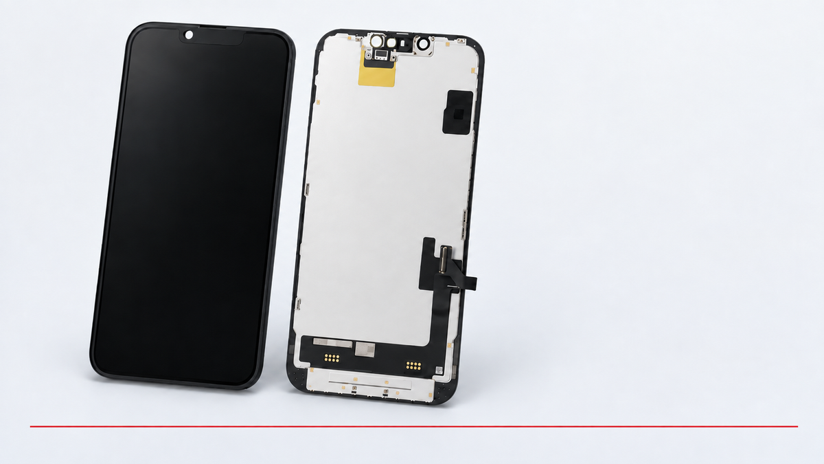 Bloc écran de remplacement pour iPhone 14, vu de face éteint et de dos avec son blindage, son joint et sa nappe souple